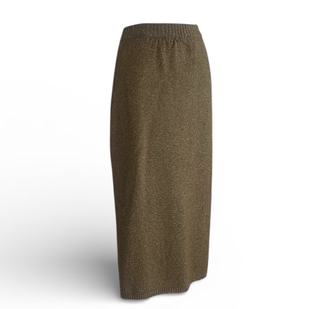 Carole Little skirt Women's MP, metallic gold knit, slit, elastic waist. Vtg euc